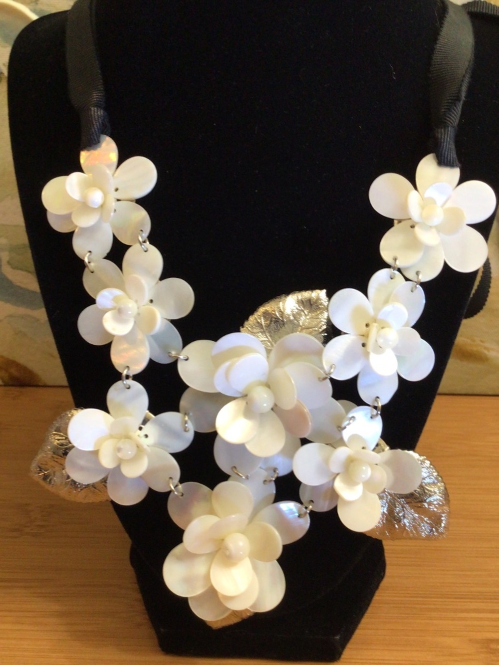 Mother of Pearl Shell Flower Bib Statement Necklace Black Ribbon Tie Silver Leaf